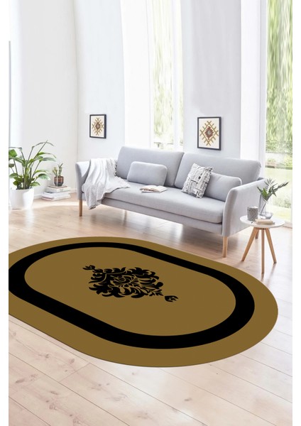 Dijital Kaymaz Yıkanabilir Çerçeveli Oval Yolluk Mutfak Salon Halısı, N-O-Çerçeveli-46-Kahve,