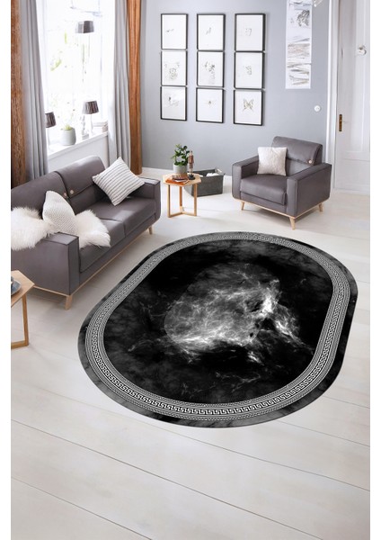 Dijital Kaymaz Yıkanabilir Çerçeveli Oval Yolluk Mutfak Salon Halısı, N-O-Çerçeveli-25-Antrasit,