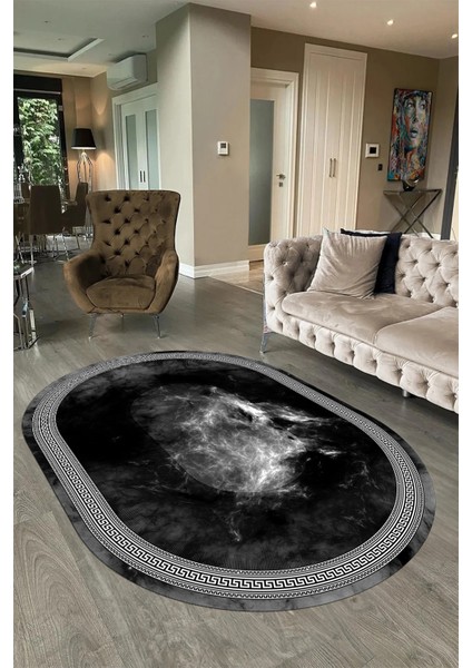 Dijital Kaymaz Yıkanabilir Çerçeveli Oval Yolluk Mutfak Salon Halısı, N-O-Çerçeveli-25-Antrasit,