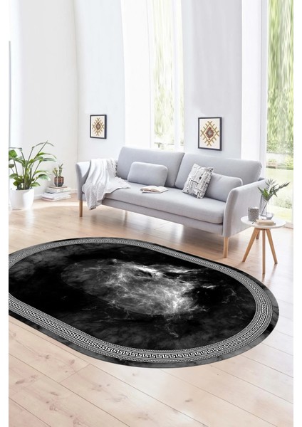 Dijital Kaymaz Yıkanabilir Çerçeveli Oval Yolluk Mutfak Salon Halısı, N-O-Çerçeveli-25-Antrasit,