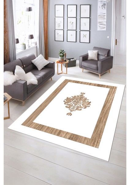 Dijital Baskılı Kaymaz Yıkanabilir Çerçeveli Yolluk Mutfak Salon Halısı, N-Çerçeveli-46-Beyaz,
