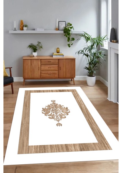 Dijital Baskılı Kaymaz Yıkanabilir Çerçeveli Yolluk Mutfak Salon Halısı, N-Çerçeveli-46-Beyaz,