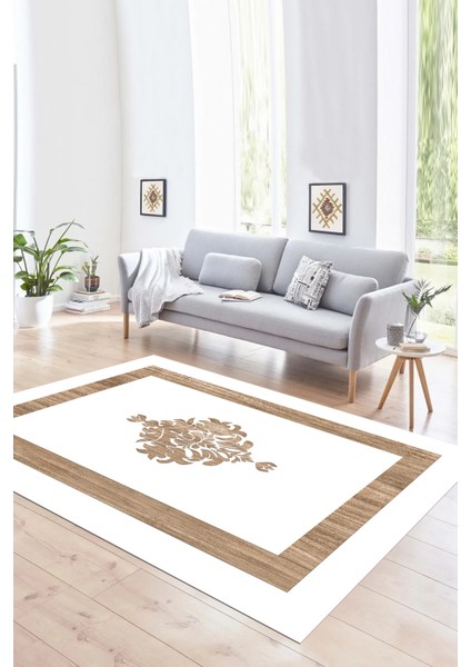 Dijital Baskılı Kaymaz Yıkanabilir Çerçeveli Yolluk Mutfak Salon Halısı, N-Çerçeveli-46-Beyaz,