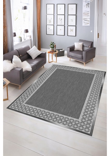 Dijital Baskılı Kaymaz Yıkanabilir Çerçeveli Yolluk Mutfak Salon Halısı, N-Çerçeveli-29-Gri,