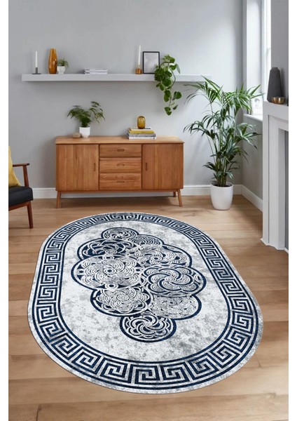 Dijital Kaymaz Yıkanabilir Çerçeveli Oval Yolluk Mutfak Salon Halısı, N-O-Çerçeveli-04-Mavi, fırsatları