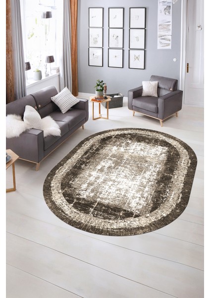 Dijital Kaymaz Yıkanabilir Çerçeveli Oval Yolluk Mutfak Salon Halısı, N-O-Çerçeveli-14-Kahve,