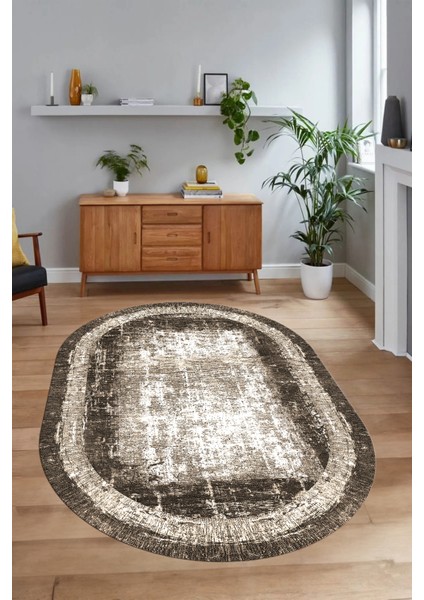 Dijital Kaymaz Yıkanabilir Çerçeveli Oval Yolluk Mutfak Salon Halısı, N-O-Çerçeveli-14-Kahve, fırsatları