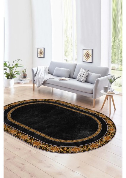 Dijital Kaymaz Yıkanabilir Çerçeveli Oval Yolluk Mutfak Salon Halısı, N-O-Çerçeveli-48-Antrasit, indirimleri
