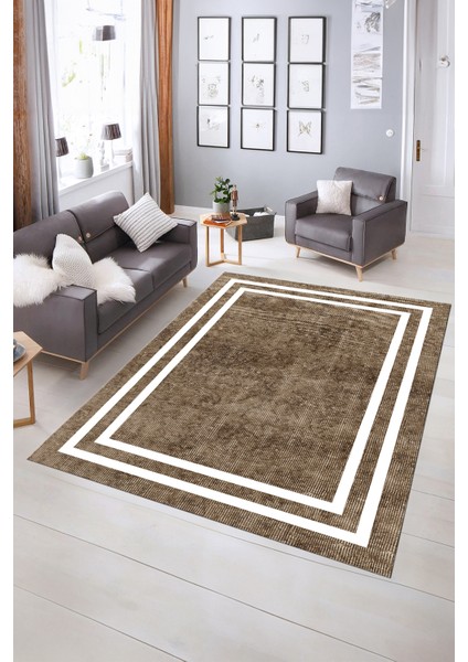 Dijital Baskılı Kaymaz Yıkanabilir Çerçeveli Yolluk Mutfak Salon Halısı, N-Çerçeveli-30-Kahve,