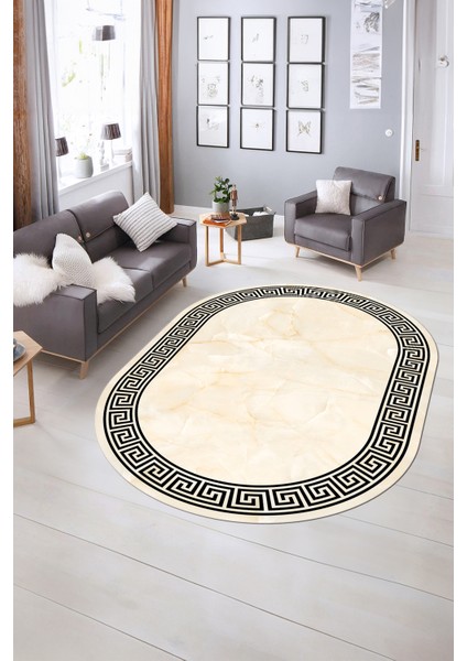 Dijital Kaymaz Yıkanabilir Çerçeveli Oval Yolluk Mutfak Salon Halısı, N-O-Çerçeveli-17-Krem,