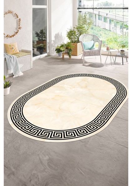 Dijital Kaymaz Yıkanabilir Çerçeveli Oval Yolluk Mutfak Salon Halısı, N-O-Çerçeveli-17-Krem,