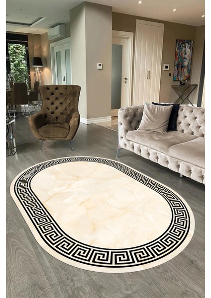 Dijital Kaymaz Yıkanabilir Çerçeveli Oval Yolluk Mutfak Salon Halısı, N-O-Çerçeveli-17-Krem,