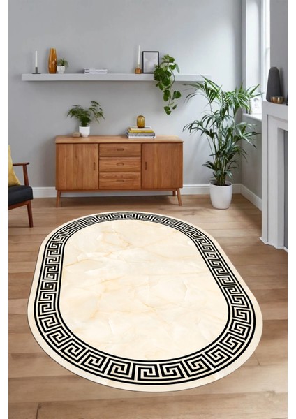 Dijital Kaymaz Yıkanabilir Çerçeveli Oval Yolluk Mutfak Salon Halısı, N-O-Çerçeveli-17-Krem,