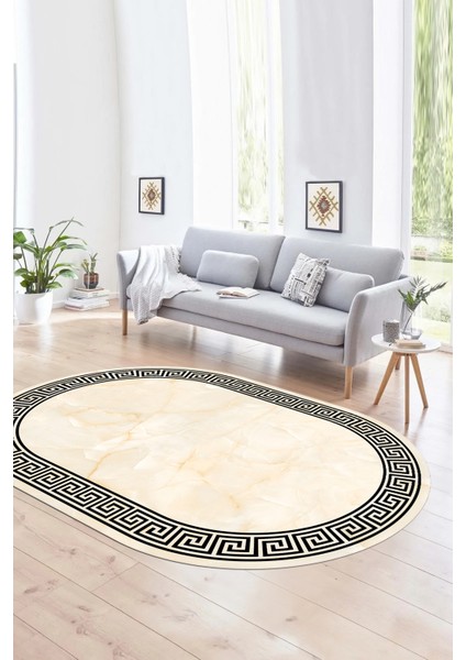 Dijital Kaymaz Yıkanabilir Çerçeveli Oval Yolluk Mutfak Salon Halısı, N-O-Çerçeveli-17-Krem,