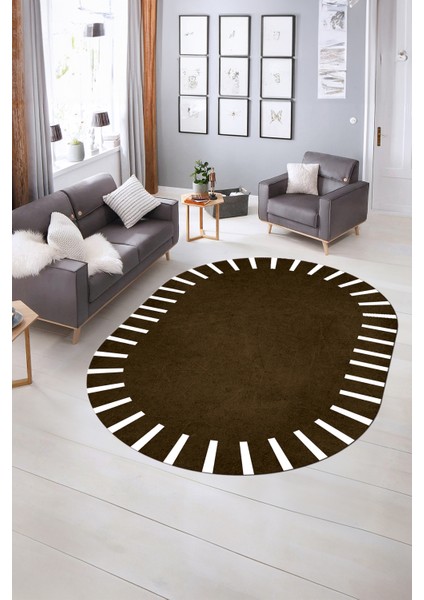 Dijital Kaymaz Yıkanabilir Çerçeveli Oval Yolluk Mutfak Salon Halısı, N-O-Çerçeveli-40-Kahve,