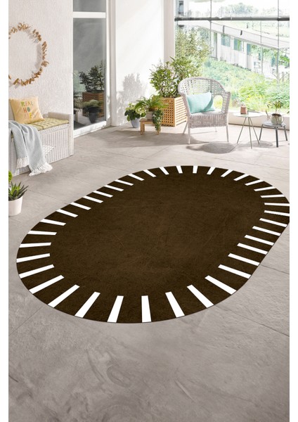 Dijital Kaymaz Yıkanabilir Çerçeveli Oval Yolluk Mutfak Salon Halısı, N-O-Çerçeveli-40-Kahve,