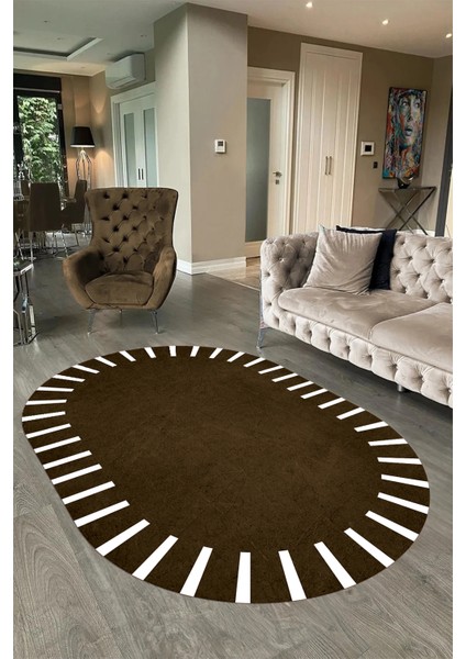 Dijital Kaymaz Yıkanabilir Çerçeveli Oval Yolluk Mutfak Salon Halısı, N-O-Çerçeveli-40-Kahve,
