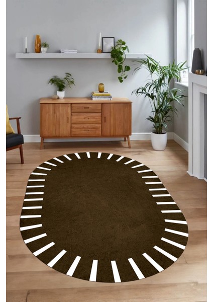 Dijital Kaymaz Yıkanabilir Çerçeveli Oval Yolluk Mutfak Salon Halısı, N-O-Çerçeveli-40-Kahve,