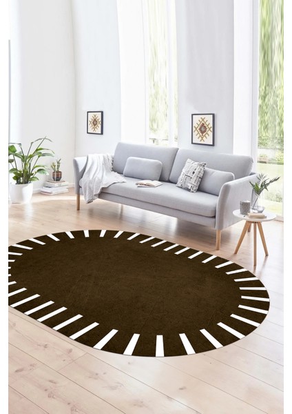 Dijital Kaymaz Yıkanabilir Çerçeveli Oval Yolluk Mutfak Salon Halısı, N-O-Çerçeveli-40-Kahve,