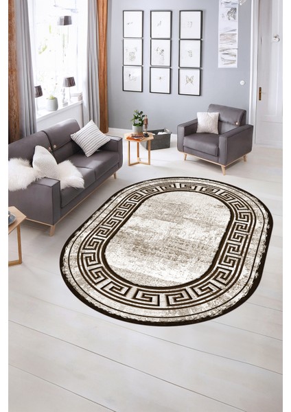 Dijital Kaymaz Yıkanabilir Çerçeveli Oval Yolluk Mutfak Salon Halısı, N-O-Çerçeveli-09-Kahve,