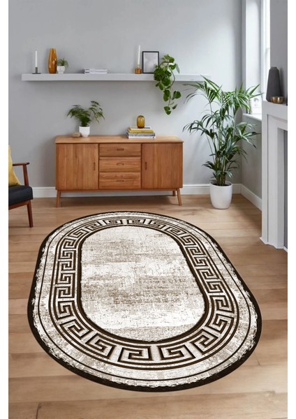 Dijital Kaymaz Yıkanabilir Çerçeveli Oval Yolluk Mutfak Salon Halısı, N-O-Çerçeveli-09-Kahve, fırsatları