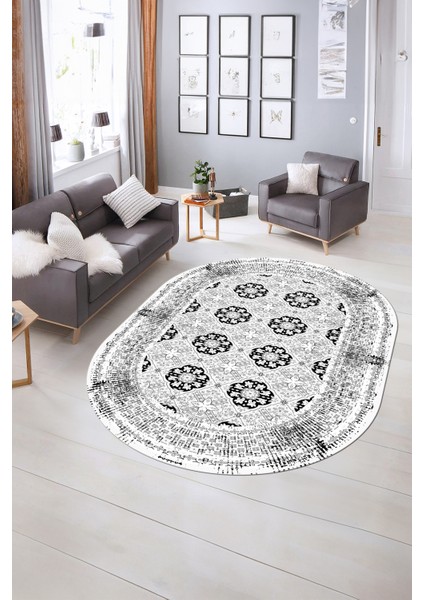 Dijital Kaymaz Yıkanabilir Çerçeveli Oval Yolluk Mutfak Salon Halısı, N-O-Çerçeveli-26-Beyaz,