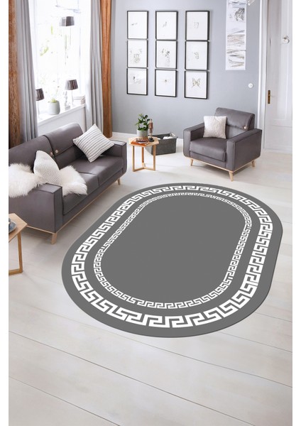 Dijital Kaymaz Yıkanabilir Çerçeveli Oval Yolluk Mutfak Salon Halısı, N-O-Çerçeveli-47-Gri,