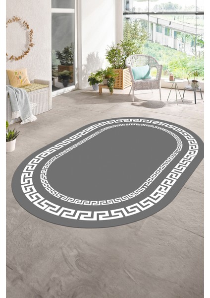 Dijital Kaymaz Yıkanabilir Çerçeveli Oval Yolluk Mutfak Salon Halısı, N-O-Çerçeveli-47-Gri,