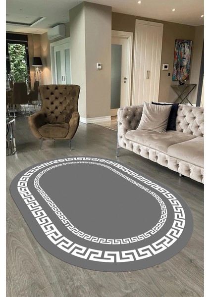 Dijital Kaymaz Yıkanabilir Çerçeveli Oval Yolluk Mutfak Salon Halısı, N-O-Çerçeveli-47-Gri,