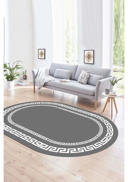 Dijital Kaymaz Yıkanabilir Çerçeveli Oval Yolluk Mutfak Salon Halısı, N-O-Çerçeveli-47-Gri,