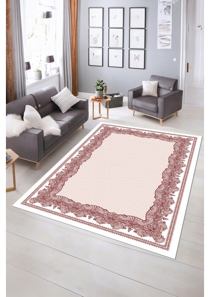 Dijital Baskılı Kaymaz Yıkanabilir Çerçeveli Yolluk Mutfak Salon Halısı, N-Çerçeveli-34-Bordo,