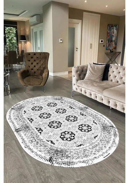 Dijital Kaymaz Yıkanabilir Çerçeveli Oval Yolluk Mutfak Salon Halısı, N-O-Çerçeveli-26-Beyaz, modelleri