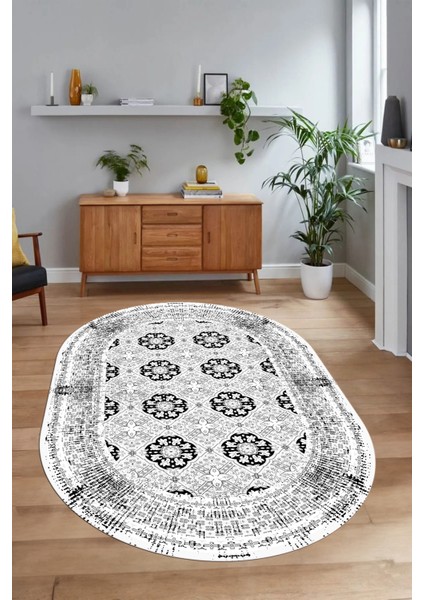 Dijital Kaymaz Yıkanabilir Çerçeveli Oval Yolluk Mutfak Salon Halısı, N-O-Çerçeveli-26-Beyaz, fırsatları