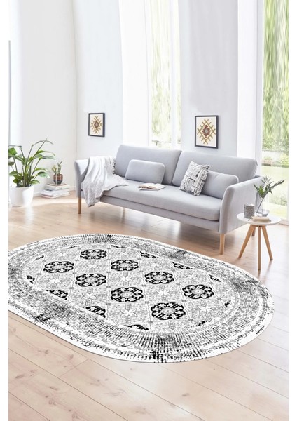 Dijital Kaymaz Yıkanabilir Çerçeveli Oval Yolluk Mutfak Salon Halısı, N-O-Çerçeveli-26-Beyaz, indirimleri