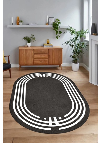 Dijital Kaymaz Yıkanabilir Çerçeveli Oval Yolluk Mutfak Salon Halısı, N-O-Çerçeveli-44-Antrasit, fırsatları