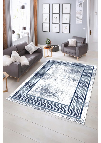 Dijital Baskılı Kaymaz Yıkanabilir Çerçeveli Yolluk Mutfak Salon Halısı, N-Çerçeveli-13-Mavi,