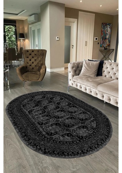 Dijital Kaymaz Yıkanabilir Çerçeveli Oval Yolluk Mutfak Salon Halısı, N-O-Çerçeveli-20-Antrasit,