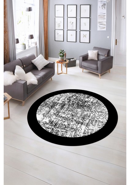 Dijital Kaymaz Yıkanabilir Çerçeveli Desen Yuvarlak Mutfak Salon Halısı, N-Y-Çerçeveli-16-Siyah,