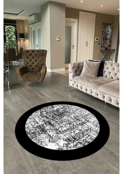 Dijital Kaymaz Yıkanabilir Çerçeveli Desen Yuvarlak Mutfak Salon Halısı, N-Y-Çerçeveli-16-Siyah, modelleri