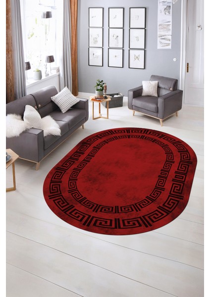 Dijital Kaymaz Yıkanabilir Çerçeveli Oval Yolluk Mutfak Salon Halısı, N-O-Çerçeveli-05-Bordo,