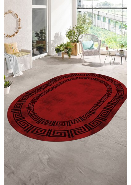Dijital Kaymaz Yıkanabilir Çerçeveli Oval Yolluk Mutfak Salon Halısı, N-O-Çerçeveli-05-Bordo,