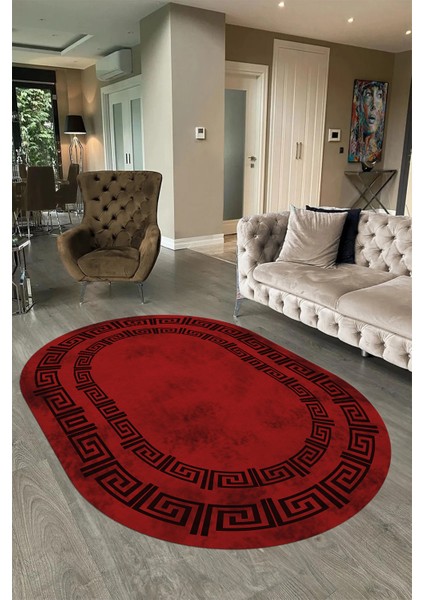 Dijital Kaymaz Yıkanabilir Çerçeveli Oval Yolluk Mutfak Salon Halısı, N-O-Çerçeveli-05-Bordo,