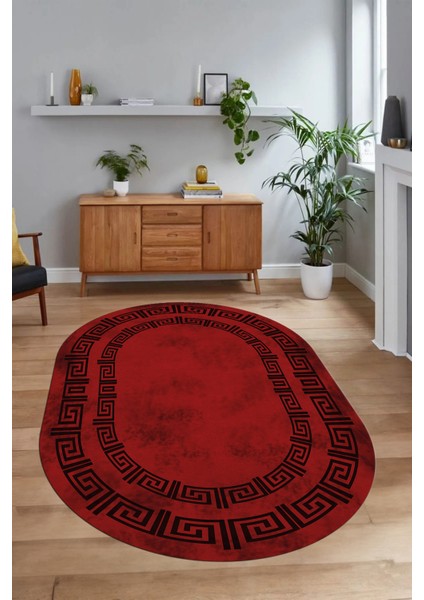 Dijital Kaymaz Yıkanabilir Çerçeveli Oval Yolluk Mutfak Salon Halısı, N-O-Çerçeveli-05-Bordo,