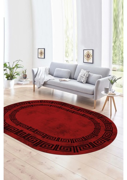 Dijital Kaymaz Yıkanabilir Çerçeveli Oval Yolluk Mutfak Salon Halısı, N-O-Çerçeveli-05-Bordo,