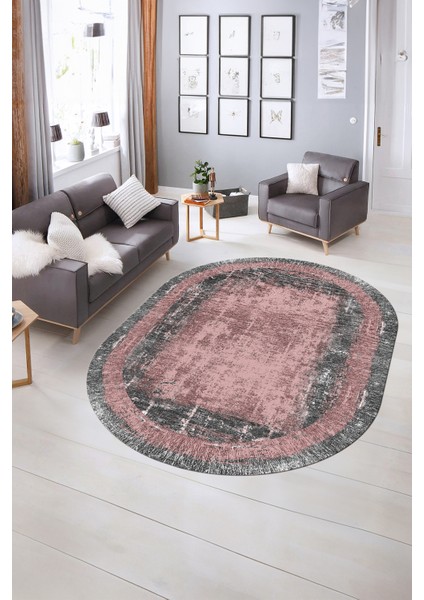 Dijital Kaymaz Yıkanabilir Çerçeveli Oval Yolluk Mutfak Salon Halısı, N-O-Çerçeveli-14-Pembe,