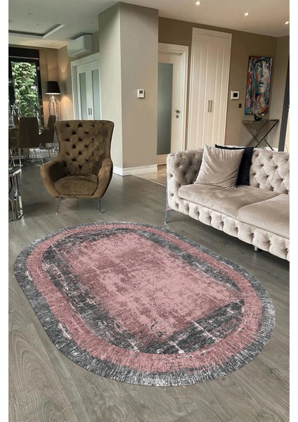 Dijital Kaymaz Yıkanabilir Çerçeveli Oval Yolluk Mutfak Salon Halısı, N-O-Çerçeveli-14-Pembe, modelleri