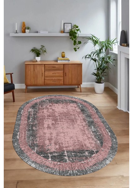 Dijital Kaymaz Yıkanabilir Çerçeveli Oval Yolluk Mutfak Salon Halısı, N-O-Çerçeveli-14-Pembe, fırsatları
