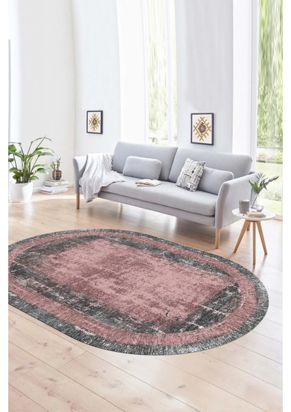 Dijital Kaymaz Yıkanabilir Çerçeveli Oval Yolluk Mutfak Salon Halısı, N-O-Çerçeveli-14-Pembe, indirimleri