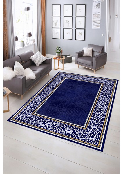 Dijital Baskılı Kaymaz Yıkanabilir Çerçeveli Yolluk Mutfak Salon Halısı, N-Çerçeveli-35-Lacivert,