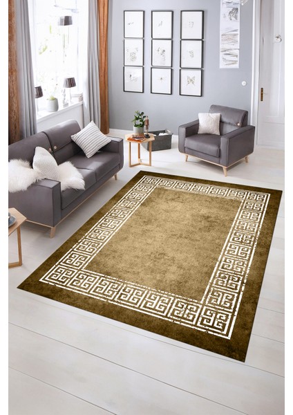Dijital Baskılı Kaymaz Yıkanabilir Çerçeveli Yolluk Mutfak Salon Halısı, N-Çerçeveli-36-Kahve,